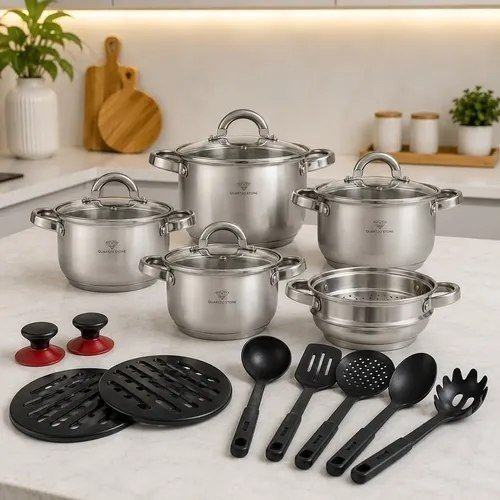 Jogo de Panelas Inox 19 Peças Genebra Completo com Utensílios
