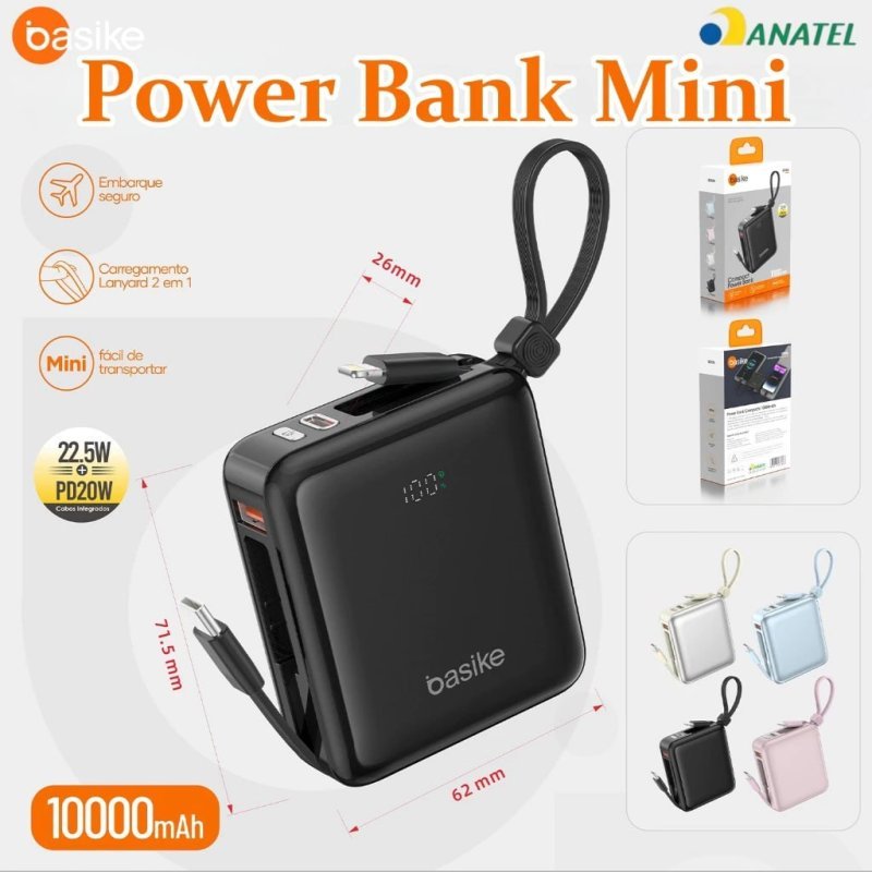 BASIKE Power Bank 10000mAh Mini PD 22.5W Carregamento Duplo 2 Cabos