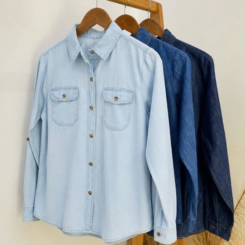 Camisa Jeans Masculina Social Slim Manga Longa Jeans Claro G