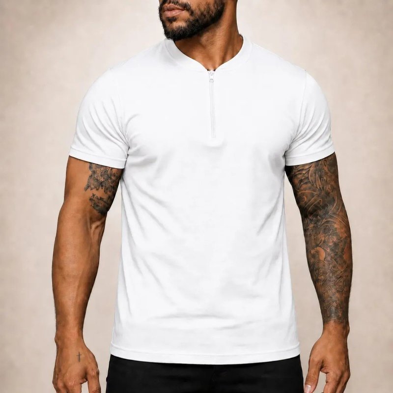 Camiseta Masculina Gola Padre Zíper Manga Curta Algodão