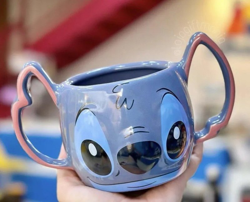 Caneca 3D Porcelana 450ml Alça Dupla Stitch Disney Cor Azul + Frete Grátis