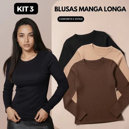 Kit 3 Blusas Manga Longa Segunda Pele Canelada Básica Casual Preto, Marrom E Nude M/g (36/42)