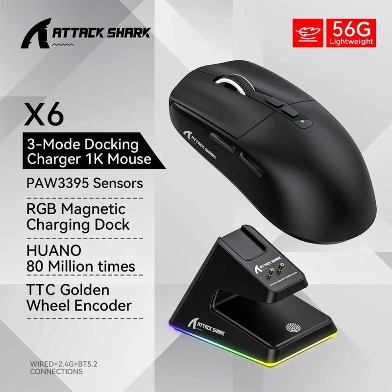 Mouse Gamer sem Fio Attack Shark X6 Ultraleve com Base de Carregamento Magnético RGB
