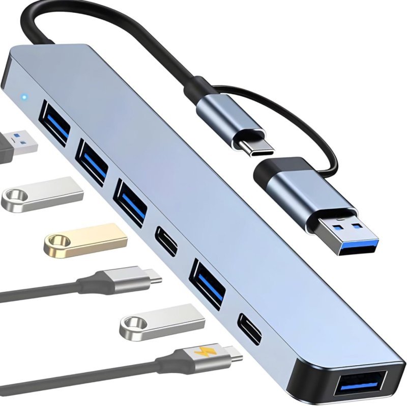 Hub USB-C 3.0 Extensor 7 em 2 com Adaptador USB-A - USB 3.0, USB 2.0, USB-C, PD 100W