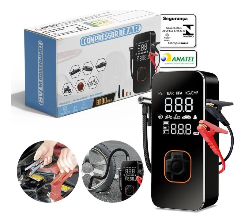 Auxiliar Partida Bateria + Compressor Ar Emergência Portátil 10000mah Veicular 12V Power Bank