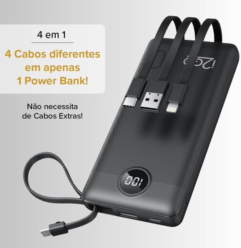 I2GO Power Bank 10000mAh - 4 em 1 com Cabos Acoplados - Preto