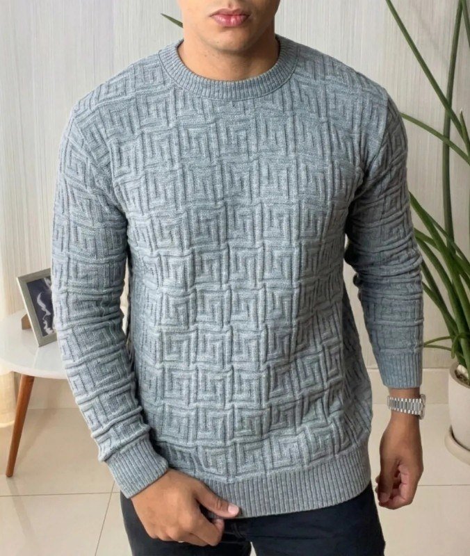 Suéter Masculino Lã Tricot Manga Longa Trabalhado