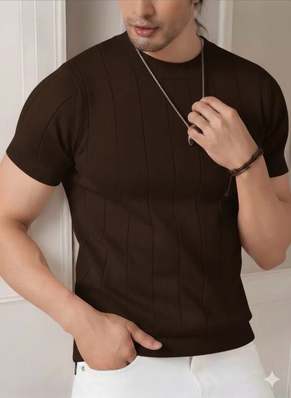 Blusa Masculina Básica Manga Curta Canelada Tricot Modal