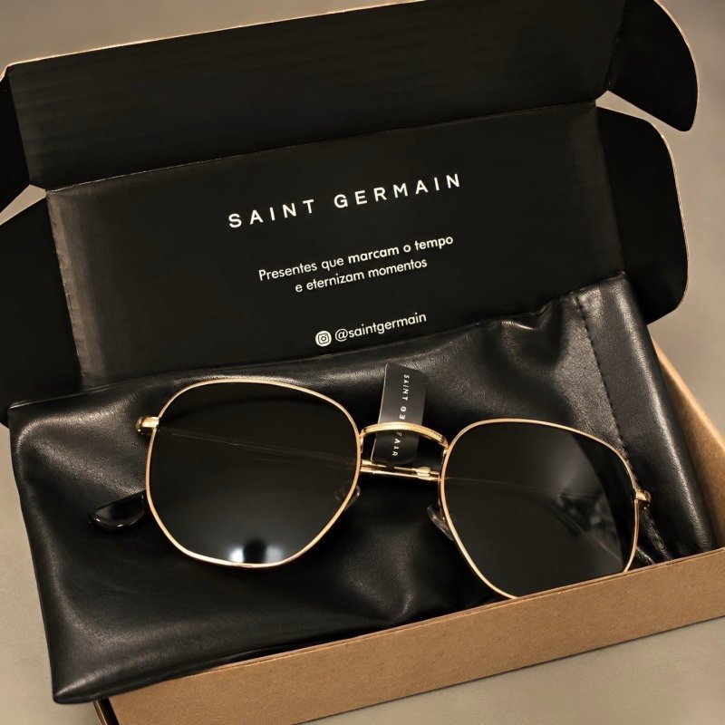 Óculos De Sol Saint Germain Dourado Harbor Aviador UV400 Lente Preto Desenho Espelho