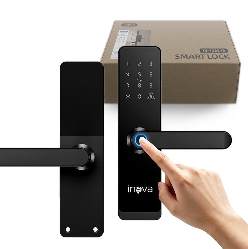 Fechadura inteligente para porta com biometria e teclado digital (preta)