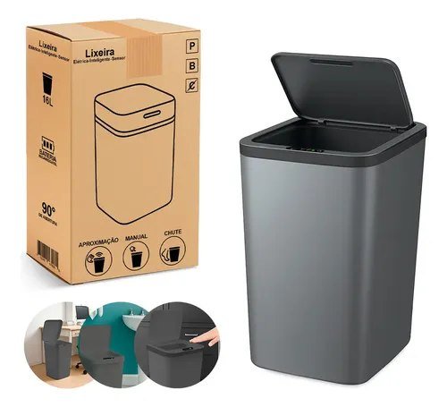 Lixeira Inteligente Sensor Automática Recarregável Banheiro Cozinha Lixo Smart 16 Litros Cor Cinza