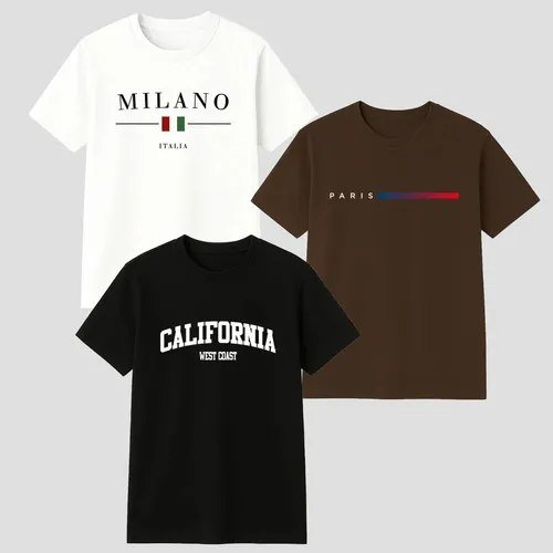 Kit 3 Camisetas Masculina 100% Algodão Premium Verão Casual Preto -marrom-branco G Estampa Localizada
