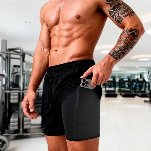Shorts Bermuda Compressão 2 Em 1 Sandrini Academia Bolso Preto Liso G