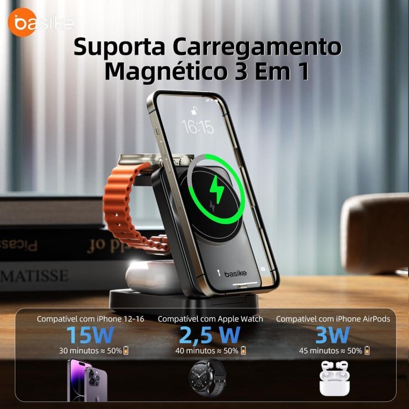Carregador Sem Fio Basike 3 em 1 MagSafe