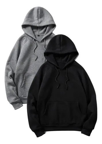 Kit 2 Moletom Liso Algodão Unissex Blusa Canguru Flanelado G Preto E Mescla Liso
