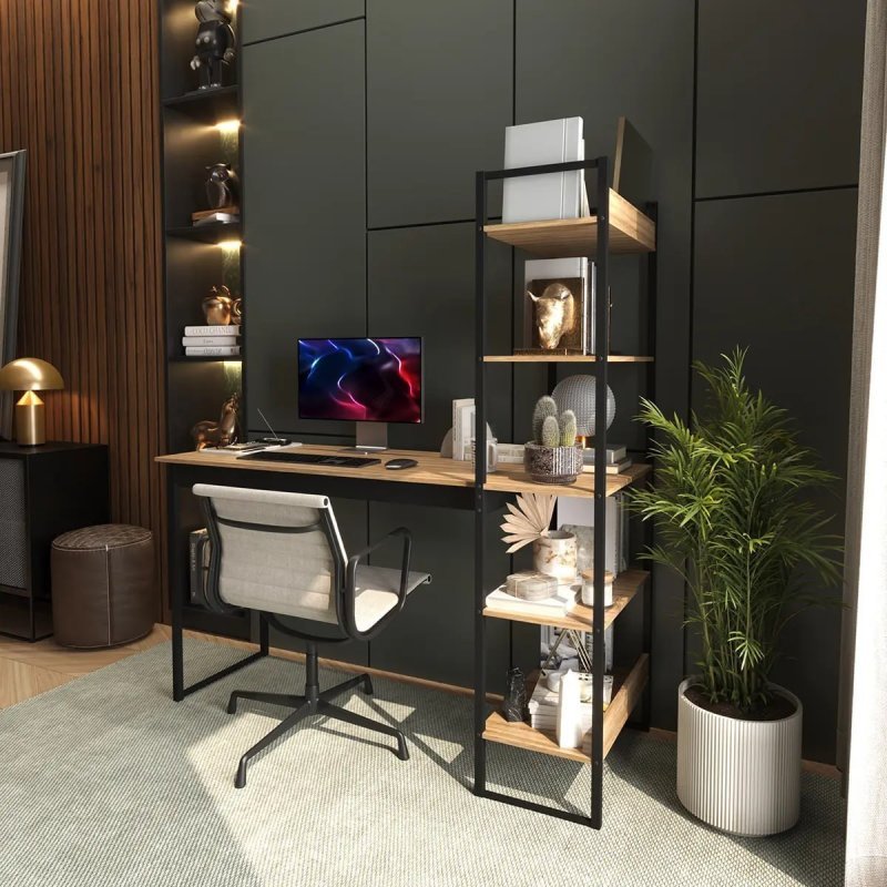 Mesa Escrivaninha Industrial Laminado Com Preto 5 Prateleiras