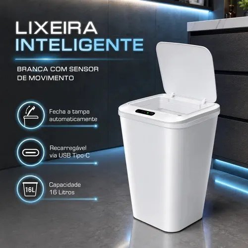Lixeira Inteligente Automática Branca Universal Com Sensor Recarregável Earman Company Anti Odor 16l Recarregável Usb