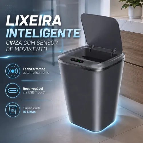 Lixeira Inteligente Automática Cinza Universal Com Sensor Recarregável Earman Company Anti Odor 16l Recarregável Usb
