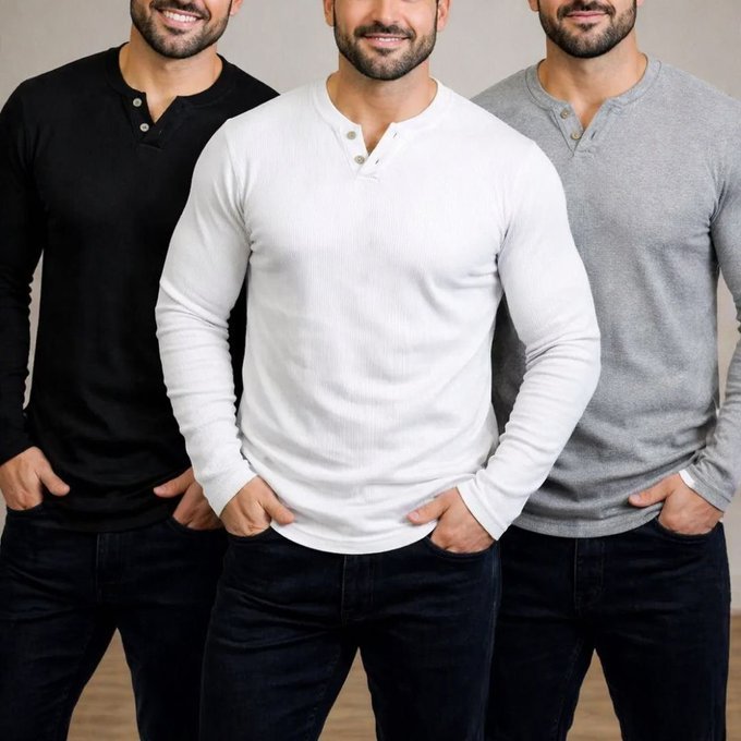 Kit com 3 Camisetas Henley Slim 2 Botões Manga Longa + Frete Grátis