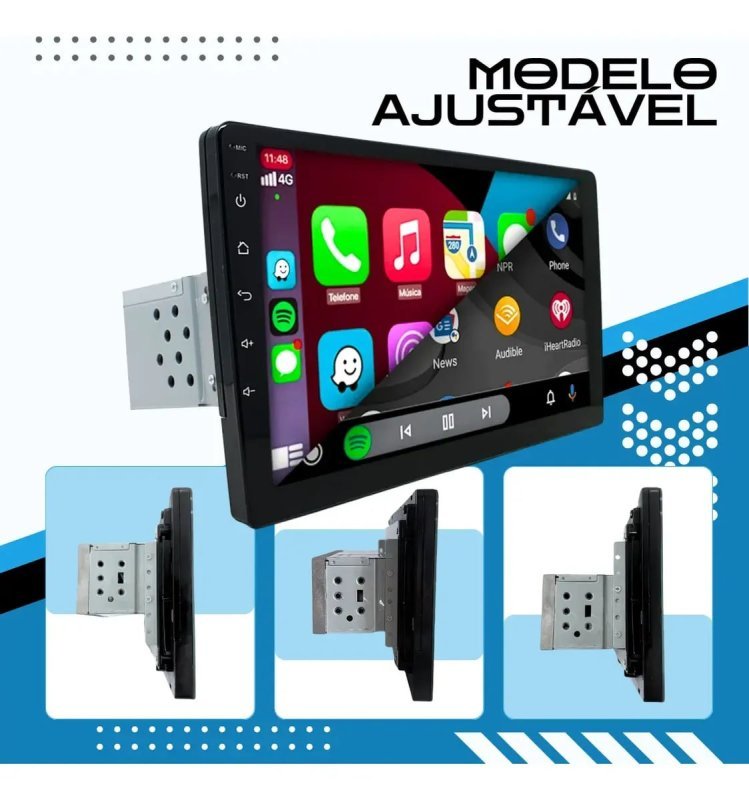 Multimídia Universal 9" 1DIN Ajustável – CarPlay + Android Auto
