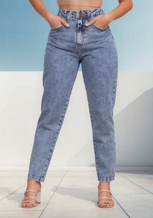 Calça Mom Jeans Feminina Cintura Alta Marmorizada
