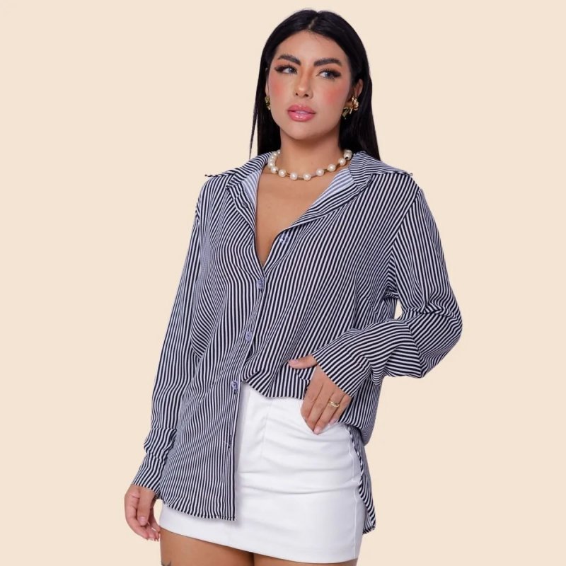 Camisa Social Feminina Clássica Listrada C/ Botões