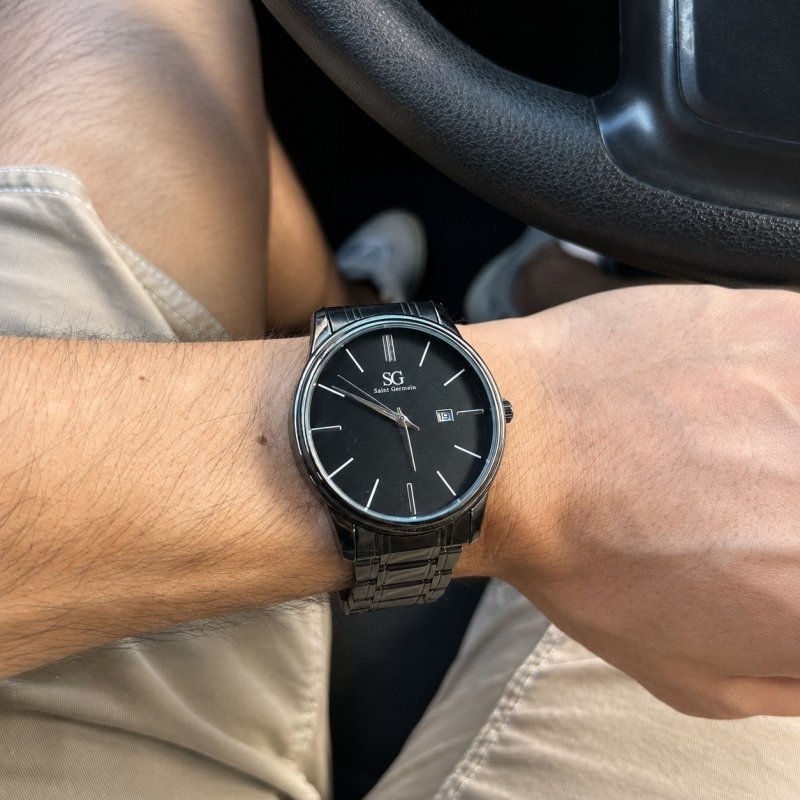 Relógio Chroma Masculino Preto Saint Germain Clássico Caixa Preta Detalhes Prata 42mm