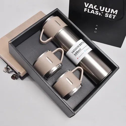 Garrafa Térmica 500ml Com Kit 3 Xícara Café Chá Cor Prata/Bege