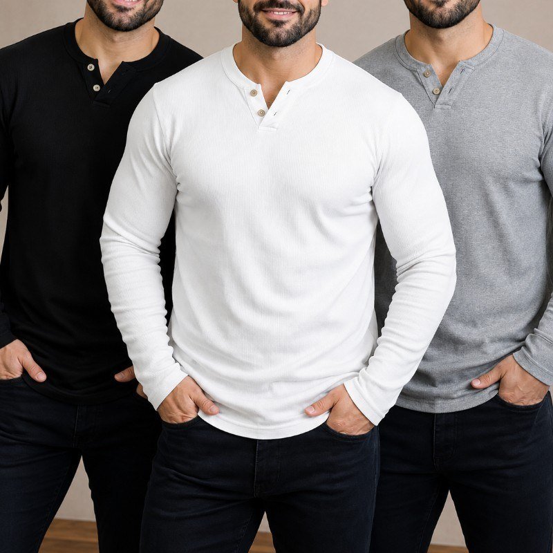 Kit 3 Camiseta Henley Masculina Slim 2 Botões Manga Longa (P ao GG)