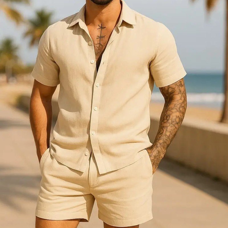 Conjunto Casual Linho Masculino Camisa Botão Bermuda Cordão (P ao GG)