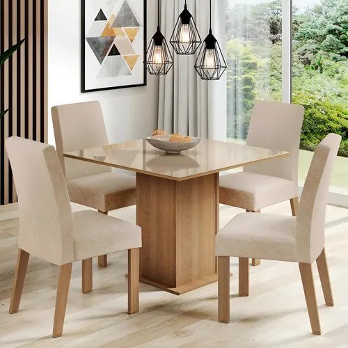 Sala Jantar Madesa Evelin Mesa Tampo Vidro Com 4 Cadeiras Cor Rustic/Crema/Imperial