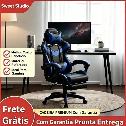 Cadeira Gamer Sweet Studio Ergonômica Reclinável em Couro Sintético Azul com Apoio de Pés