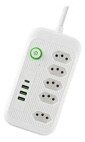 Extensão 5 Tomadas E 3 Usb 1 Pd Led Bivolt Power 110v/220v Branco 127/220v