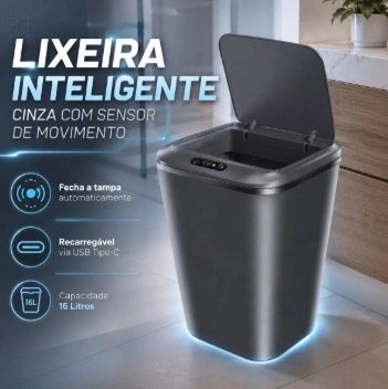Lixeira Inteligente Automática Cinza, Universal Com Sensor Recarregável, Anti Odor 16l