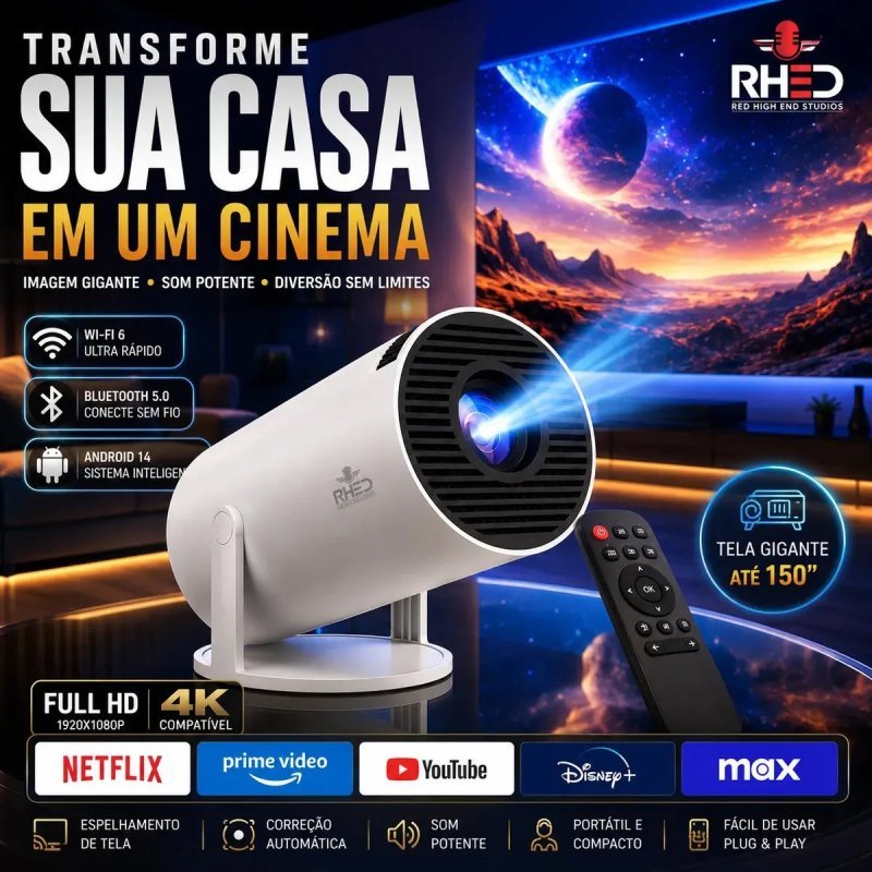 Projetor Smart Portátil Full HD 4K Android 11 Wi-fi Bluetooth