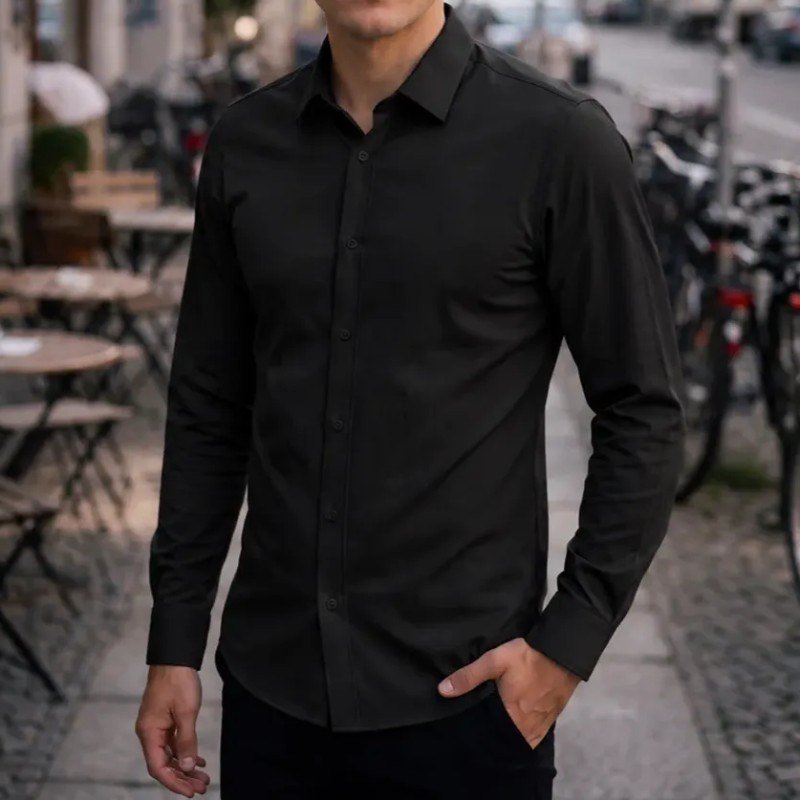 Camisa Social Masculina Slim Fit Premium Passa Facil Preto Liso GG