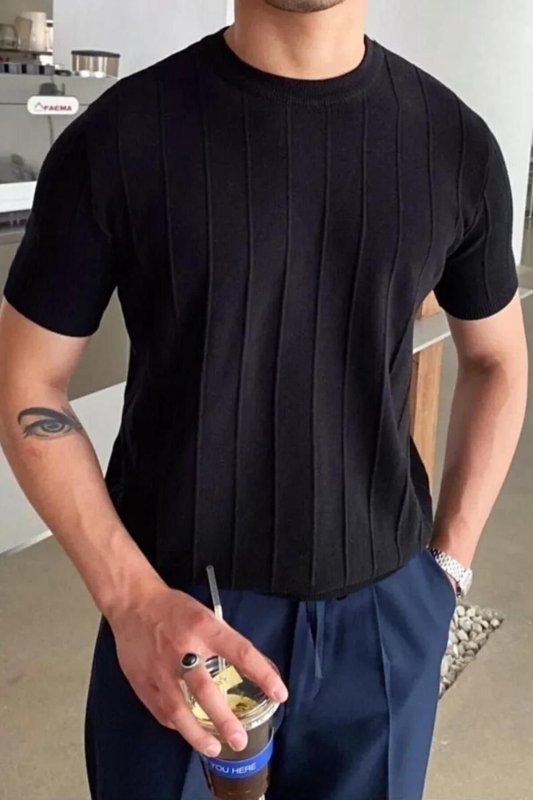 Blusa Masculina Básica Manga Curta Canelada Tricot Modal