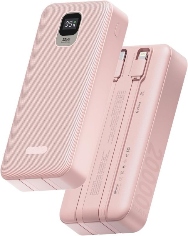 Basike Power Bank 20000mAh - Carregamento 22,5W - 2 Cabos Integrados - Rosa