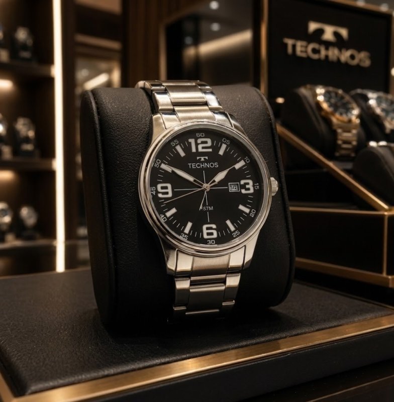 Relógio Technos Militar Masculino Prata Fundo Preto Quartzo Aço Inoxidável