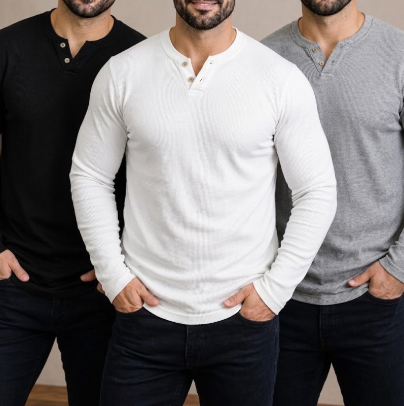 Kit 3 Camiseta Henley Masculina Slim 2 Botões Manga Longa