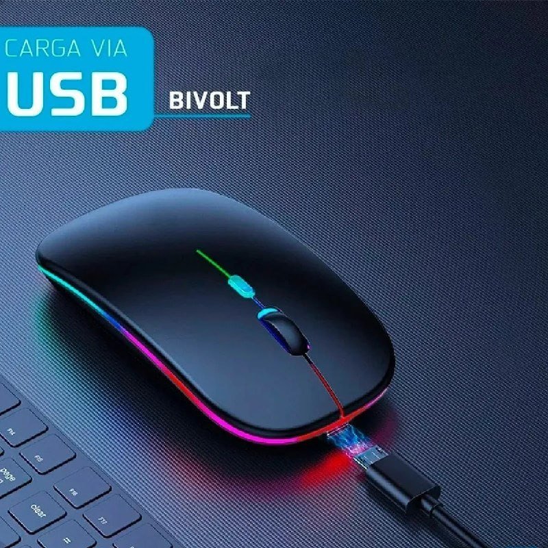 Mouse Sem Fio Recarregável Wireless Óptico LED RGB