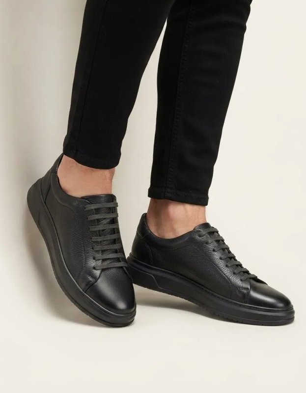 Tênis Masculino Couro Legítimo Casual Solado Alto Premium Preto (38 a 43)