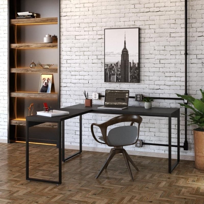 Mesa de Escritório em L Estilo Industrial 1,50mX1,50m Kuadra, Compace, Preto Ônix/Est.Preta