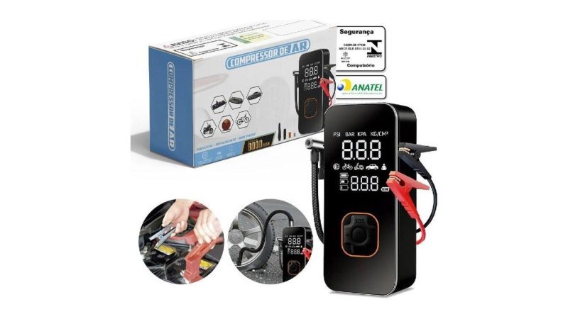 Auxiliar Partida Bateria + Compressor Ar Emergência Portátil 10000mah Veicular 12V Power Bank