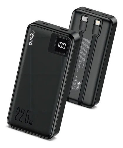 Power Bank Basike 20000mAh Preto, Carga Rápida 22.5W para iPhone e Samsung, Com Cabos Embutidos e Display