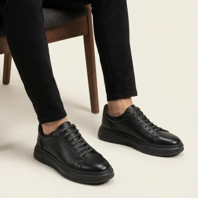 Tênis Masculino Couro Legítimo Casual Solado Alto Premium Preto