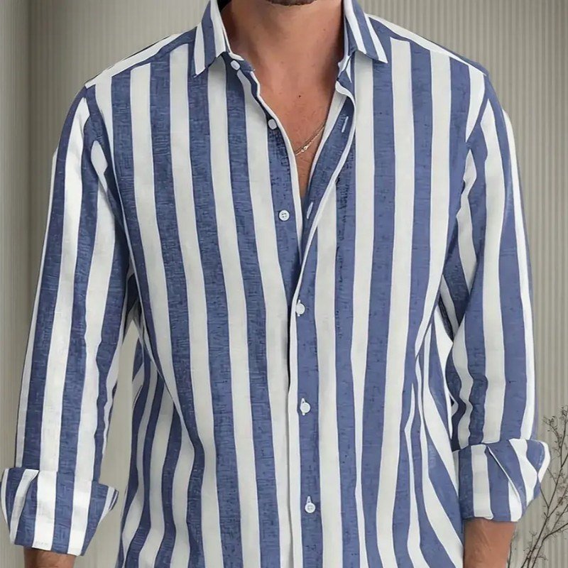 Camisa Masculina De Manga Comprida Com Botões E Listrada