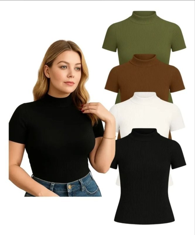 Kit 4 Blusas Feminina Básica Camiseta Gola Alta
