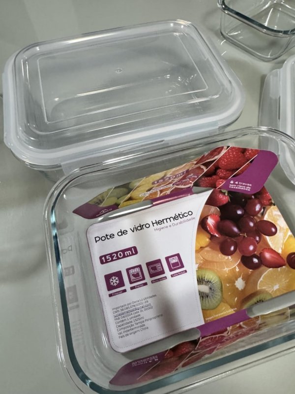 KIT 3 Potes de Vidro Retangular com Tampa Hermética 1520ml