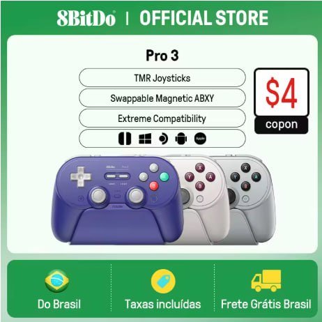 8BitDo Pro 3 - Botões Removíveis - Hall Effect - Compatível Multi-Plataforma